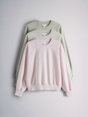 The Set 3 Pack Raglan Sleeve Crew Neck Sweat Top Khaki Green/Pink/Stone - Image 1 of 6