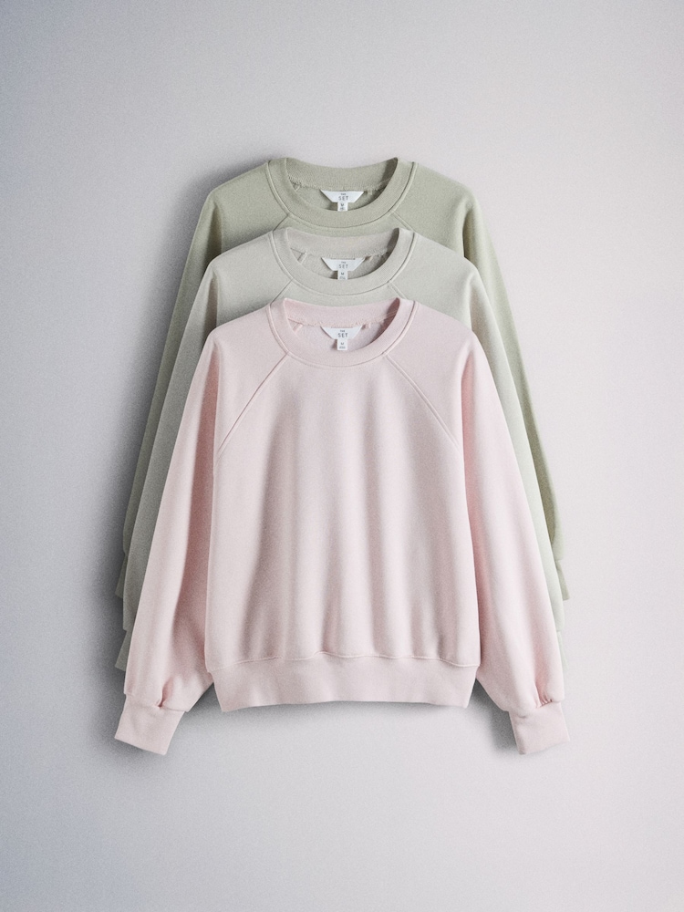 The Set 3 Pack Raglan Sleeve Crew Neck Sweat Top Khaki Green/Pink/Stone - Image 1 of 6