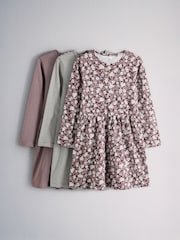 The Set 3 Pack Long Sleeve Jersey Skater Dress Purple Print/Stripe - Image 1 of 12