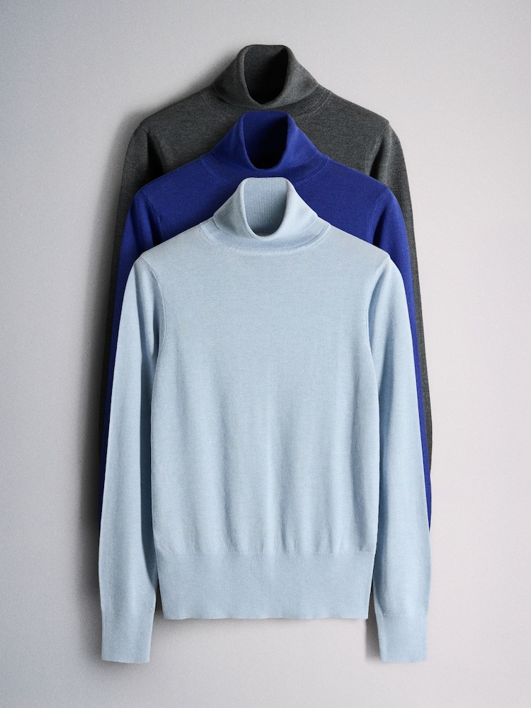 The Set 3 Pack Roll Neck Jumpers With Wool Dark Grey/Charcoal Grey/Halogen Blue/Navy - Image 1 of 6