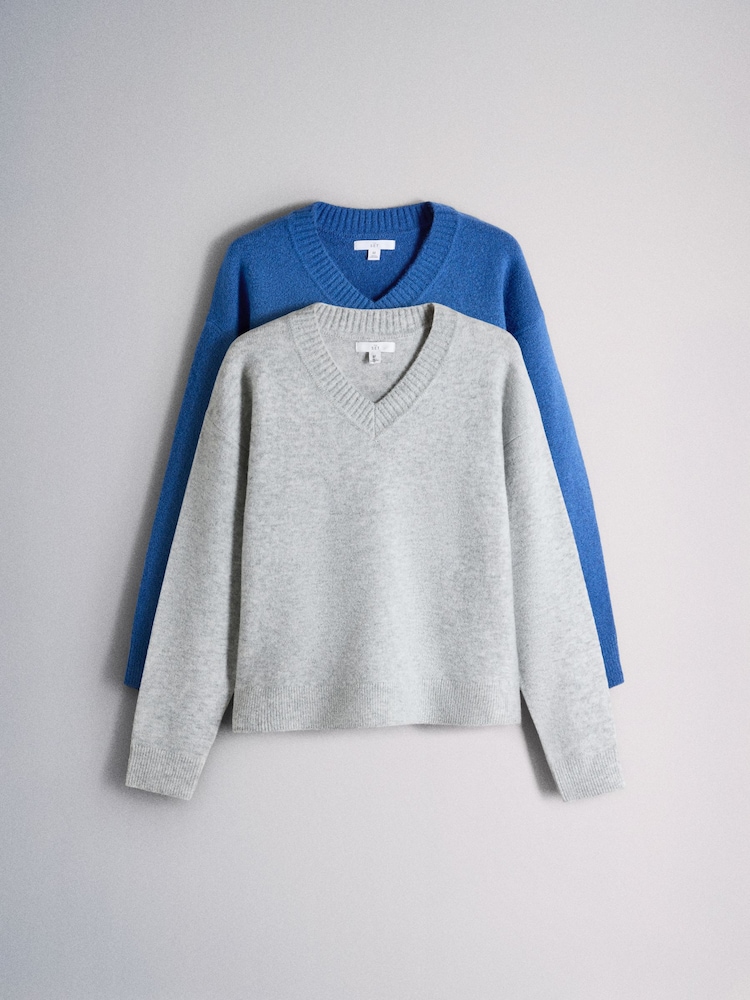 The Set 2 Pack V-Neck Jumpers With Wool Light Grey Marl Nouvean/Navy - Image 1 of 5 The Set 2 Pack V-Neck Jumpers With Wool Light Grey Marl Nouvean/Navy - Image 1 of 5