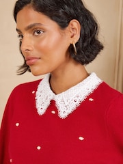 Love & Roses Red Lace Collared Polka Dot Detail Knitted Jumper - Image 2 of 5