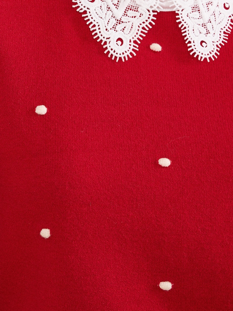 Love & Roses Red Lace Collared Polka Dot Detail Knitted Jumper - Image 5 of 5