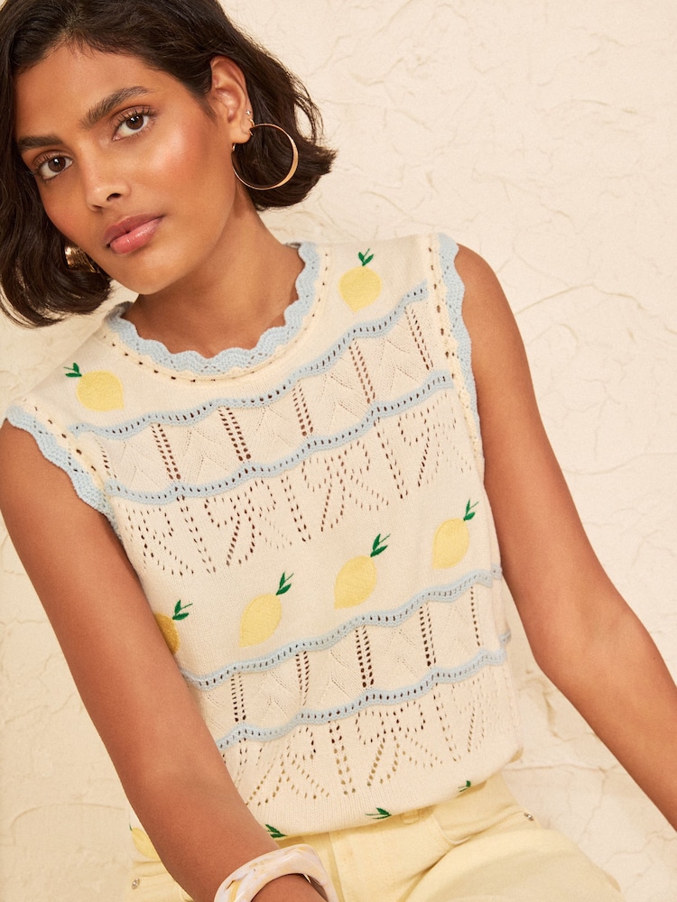 Love & Roses Ivory Lemon Embroidered Detail Crew Neck Knitted Vest - Image 1 of 5