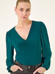 Roman Green Gathered V-Neck Stretch Top - Image 1 of 5