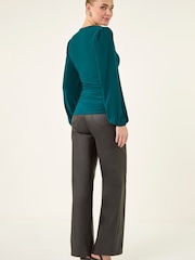 Roman Green Gathered V-Neck Stretch Top - Image 2 of 5