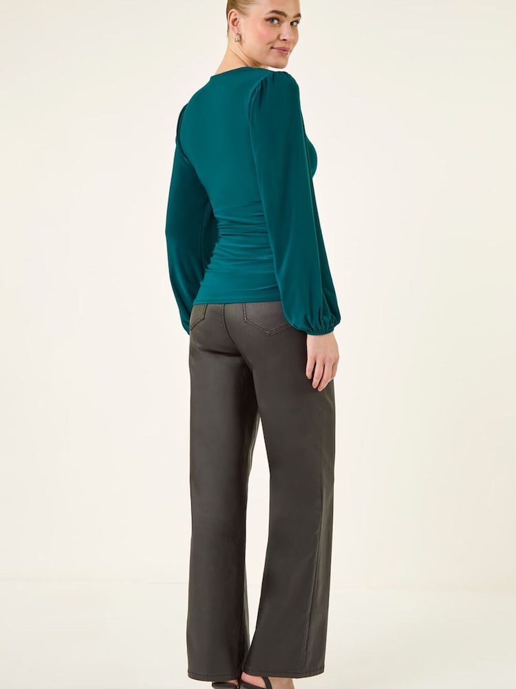 Roman Green Gathered V-Neck Stretch Top - Image 2 of 5