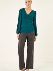 Roman Green Gathered V-Neck Stretch Top - Image 3 of 5