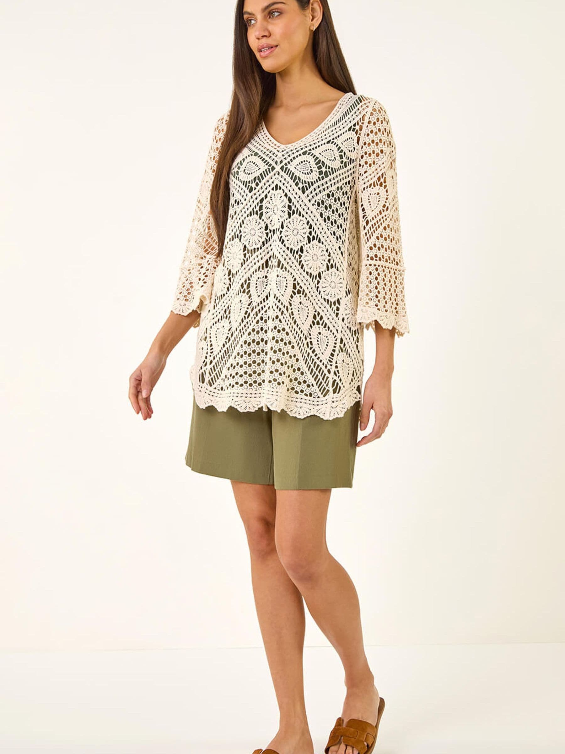 Buy Roman Natural Crochet Lace V-Neck Open Knit Jumper from Next USA