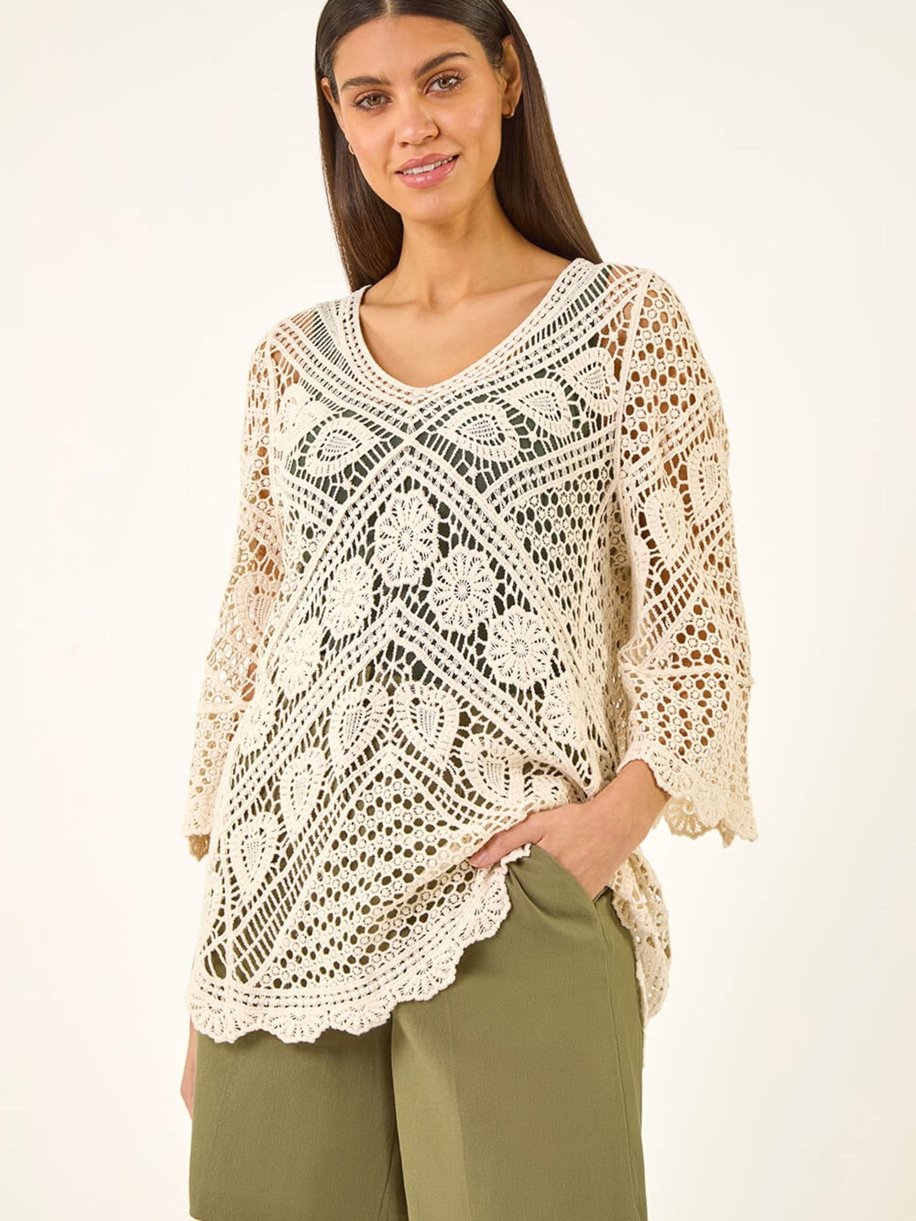 Buy Roman Natural Crochet Lace V-Neck Open Knit Jumper from the