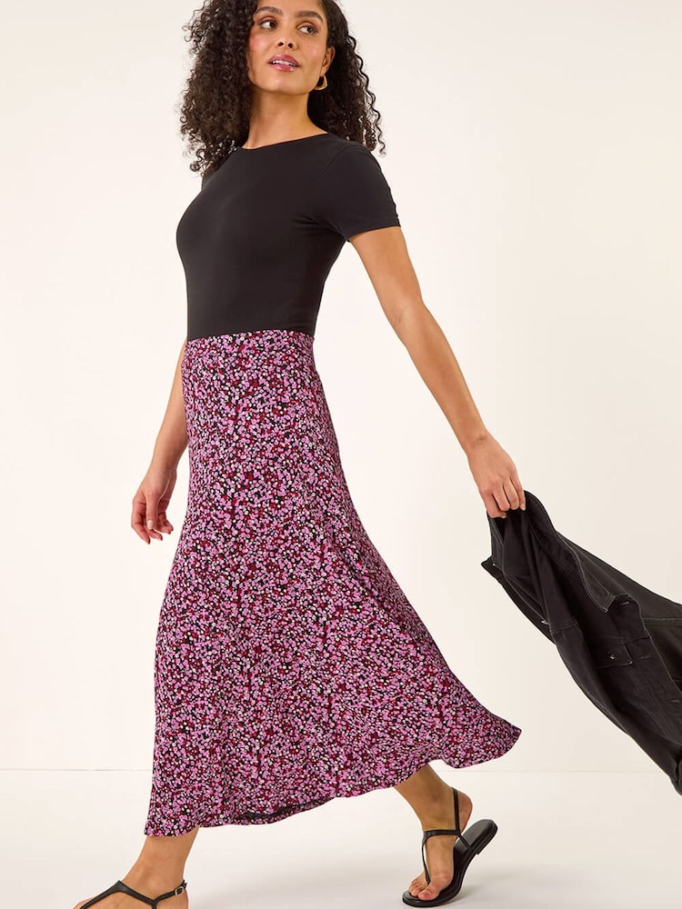 Roman Pink Linear Floral Print Stretch Midi Skirt - Image 2 of 5