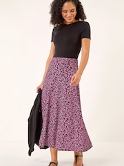 Roman Pink Linear Floral Print Stretch Midi Skirt - Image 4 of 5