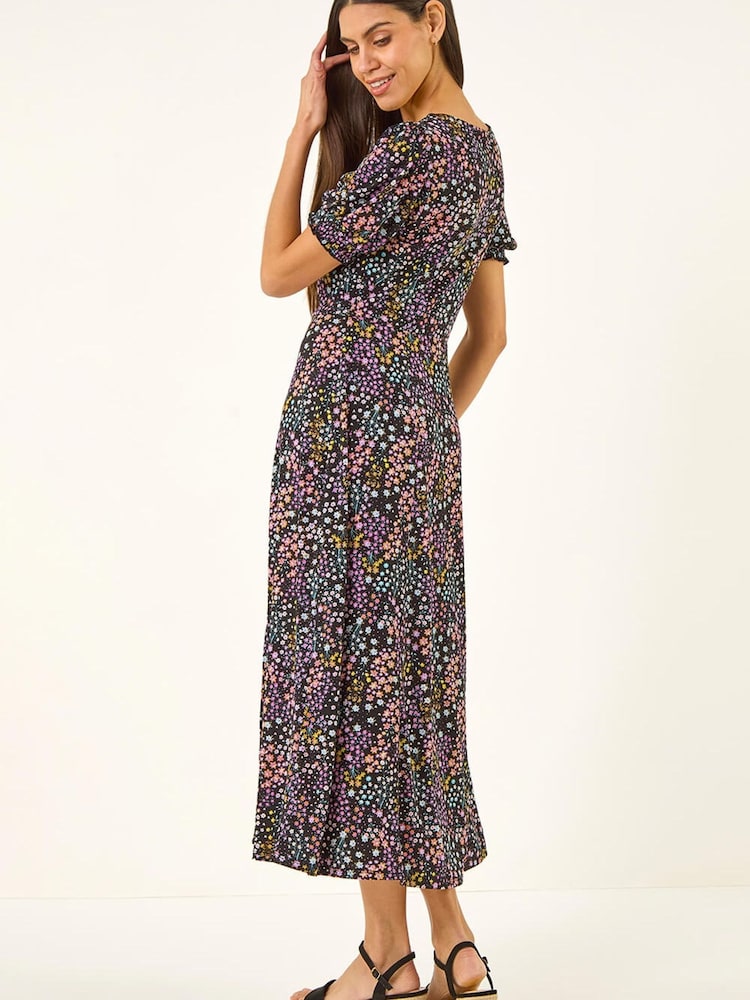 Roman Black Ditsy Floral Sweetheart Midi Dress - Image 1 of 5