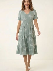 Roman Green Palm Print Textured Midi Dress - Image 2 of 5