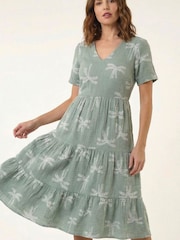 Roman Green Palm Print Textured Midi Dress - Image 5 of 5