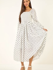 Roman White Spot Shirred Midi Dress - Image 1 of 5