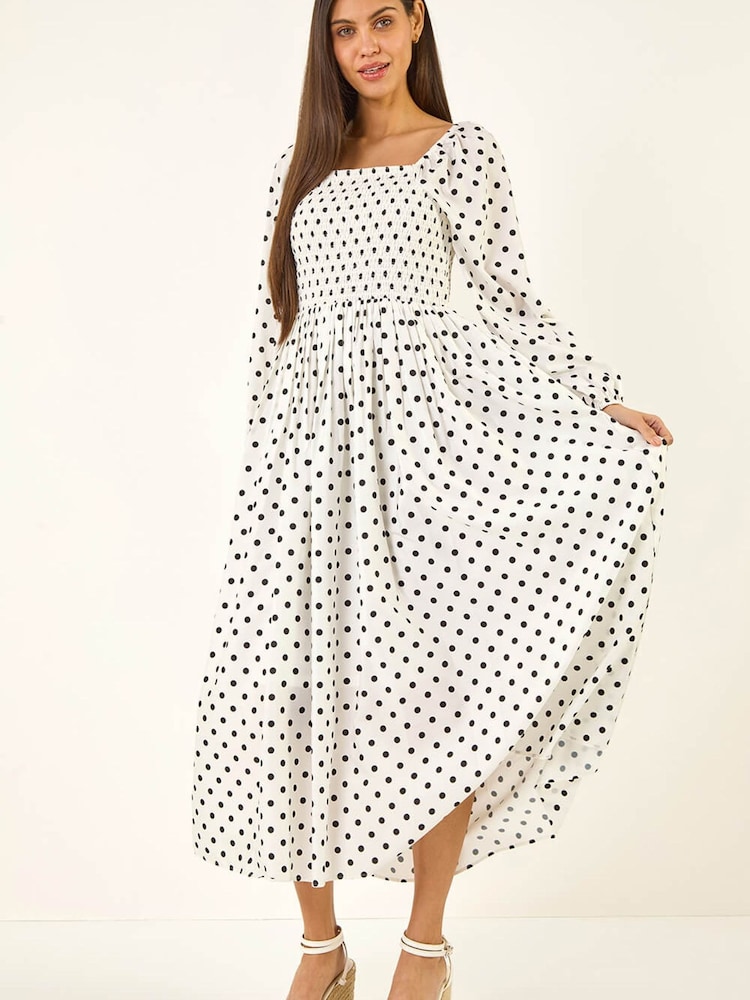 Roman White Spot Shirred Midi Dress - Image 1 of 5
