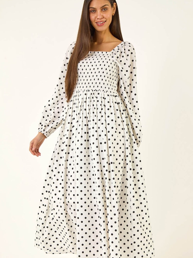 Roman White Spot Shirred Midi Dress - Image 2 of 5