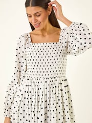 Roman White Spot Shirred Midi Dress - Image 4 of 5
