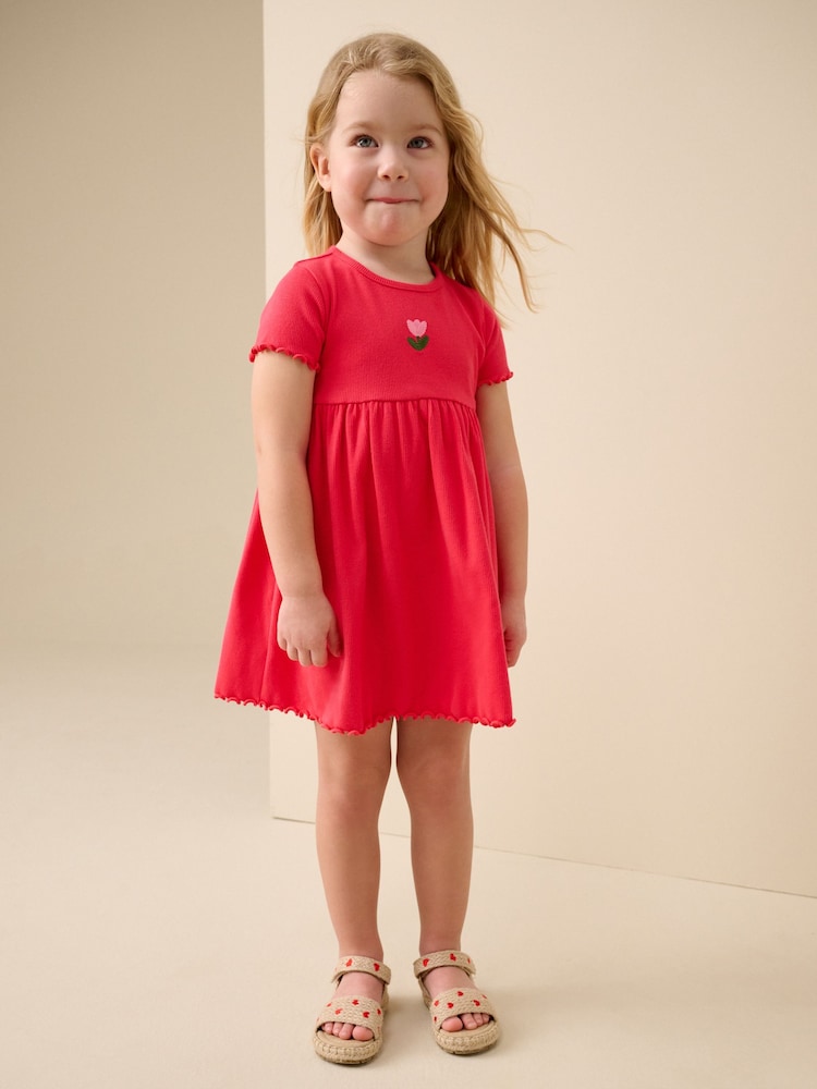 Rojo de flores - Short sleeve Embroidered Ribbed Dress (3mths-7yrs) - Imagen 1 de 4