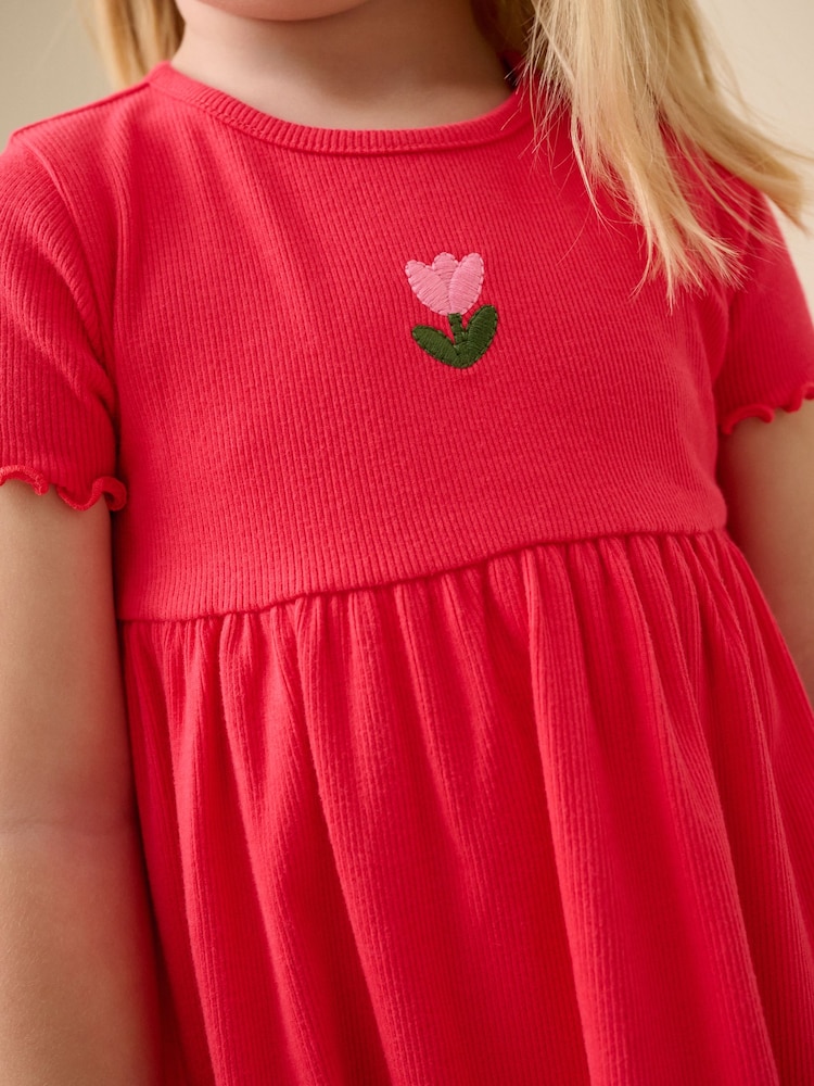 Rojo de flores - Short sleeve Embroidered Ribbed Dress (3mths-7yrs) - Imagen 4 de 4