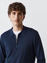 Navy Blue Smart Quarter Zip Knitted Polo Shirt - Image 1 of 7
