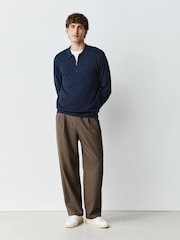 Navy Blue Smart Quarter Zip Knitted Polo Shirt - Image 2 of 7