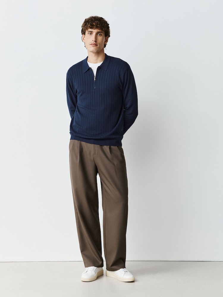 Navy Blue Smart Quarter Zip Knitted Polo Shirt - Image 2 of 7