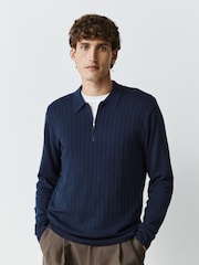 Navy Blue Smart Quarter Zip Knitted Polo Shirt - Image 3 of 7