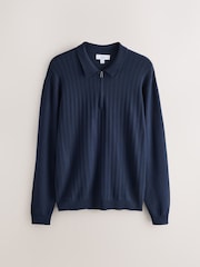 Navy Blue Smart Quarter Zip Knitted Polo Shirt - Image 5 of 7