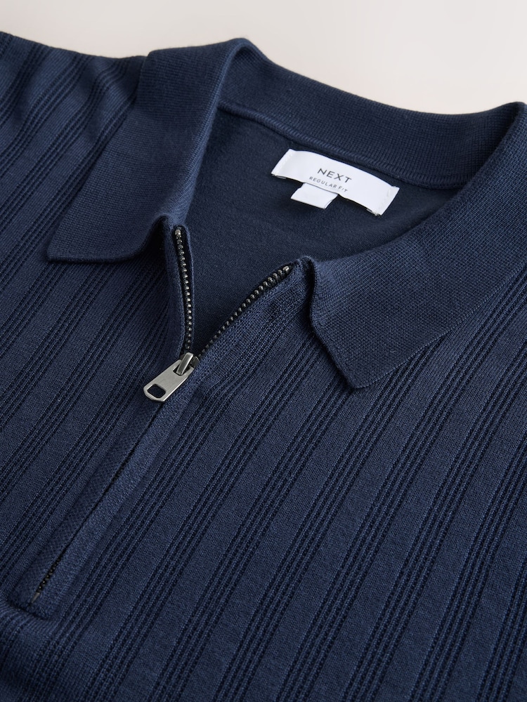 Navy Blue Smart Quarter Zip Knitted Polo Shirt - Image 7 of 7