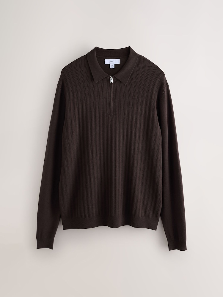 Brown Smart Quarter Zip Knitted Polo Shirt - Image 1 of 3 Brown Smart Quarter Zip Knitted Polo Shirt - Image 1 of 3