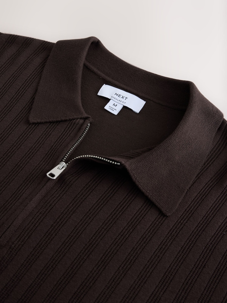 Brown Smart Quarter Zip Knitted Polo Shirt - Image 2 of 3 Brown Smart Quarter Zip Knitted Polo Shirt - Image 2 of 3