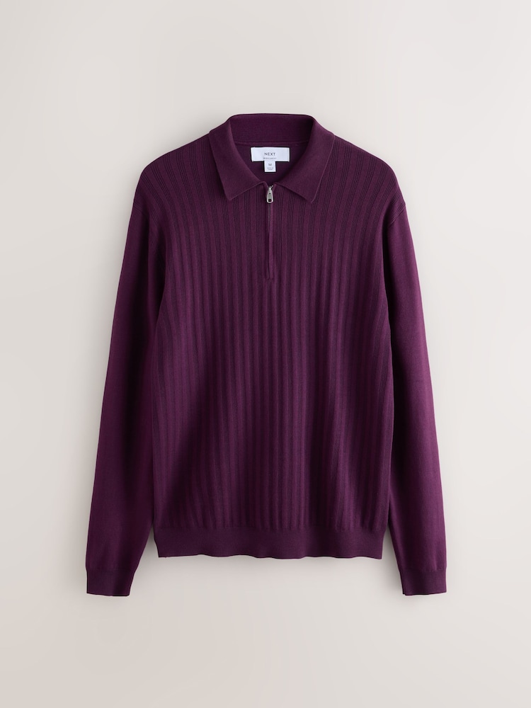 Purple Smart Quarter Zip Knitted Polo Shirt - Image 1 of 3
