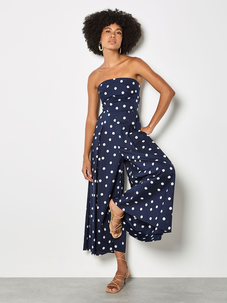 Apricot Blue Polka Dot Bow Back Wide Leg Jumpsuit - Image 1 of 5
