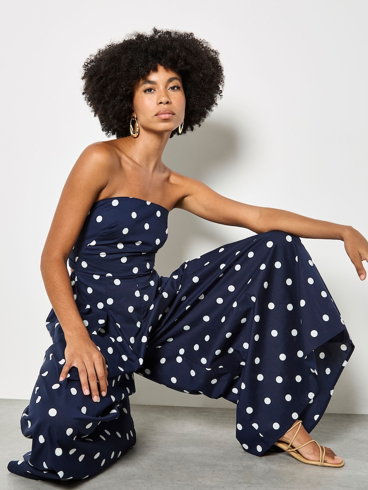 Apricot Blue Polka Dot Bow Back Wide Leg Jumpsuit - Image 2 of 5