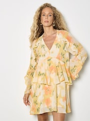 Apricot Yellow Floral Chiffon Ruffle Mini Dress - Image 1 of 5