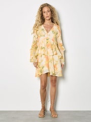 Apricot Yellow Floral Chiffon Ruffle Mini Dress - Image 4 of 5