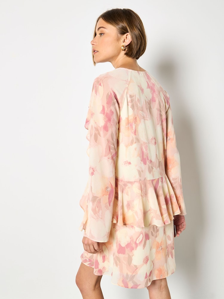 Apricot-Chiffon-Minikleid mit florale Rüschen - Bild 4 von 4