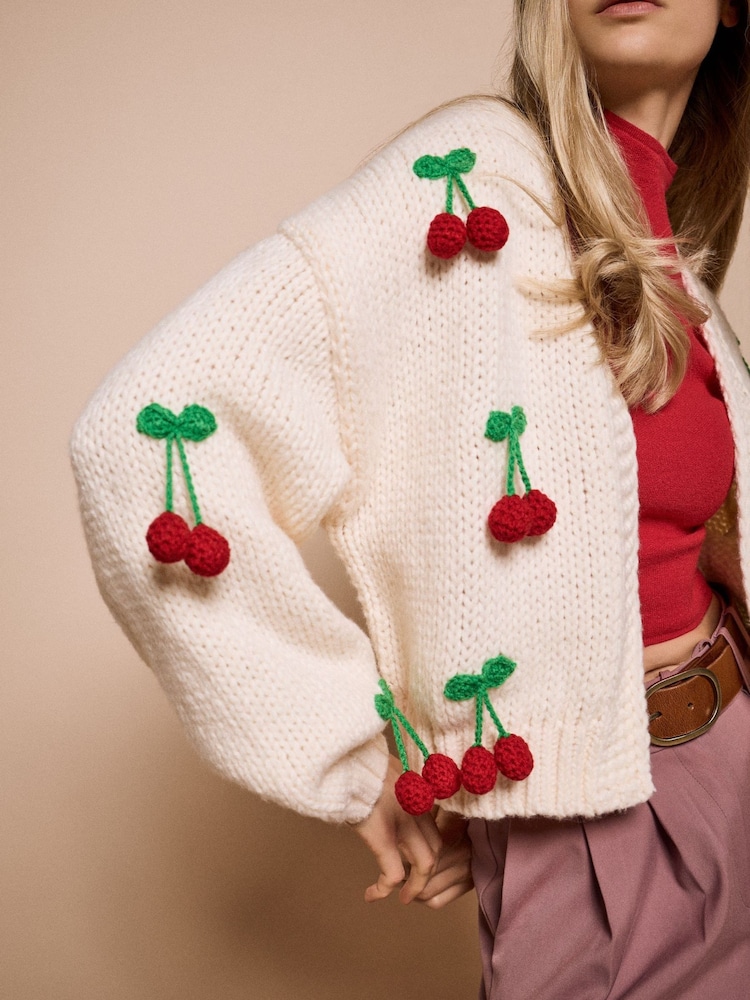 Apricot Cream Chunky Knit Cherry Cardigan - Image 2 of 7