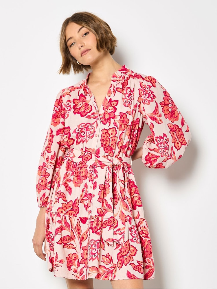 Apricot Pink Painterly Sarasa Floral Mini Dress - Image 1 of 4