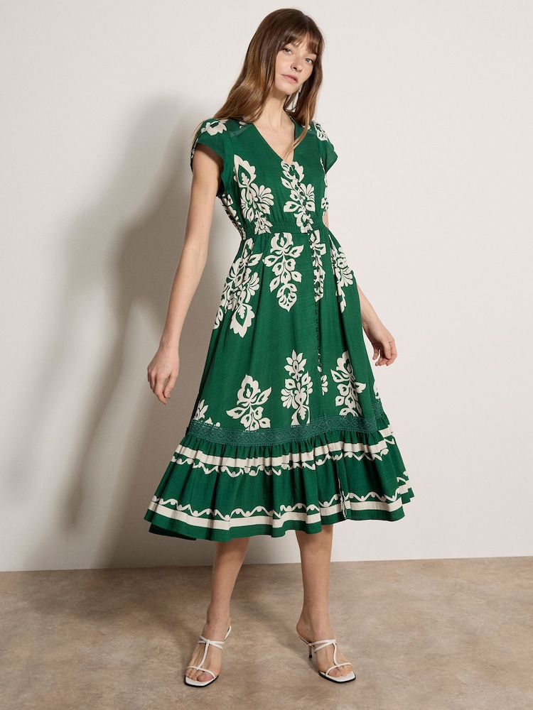 Apricot Green Folk Floral Midi Dress - Image 1 of 4