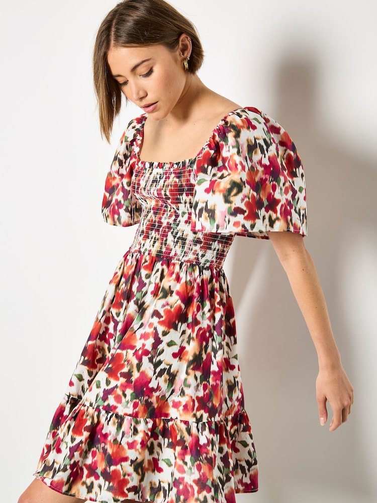 Rochie mini din bumbac pur Apricot, cu model Ikat estompat - Imaginea 2 din 5