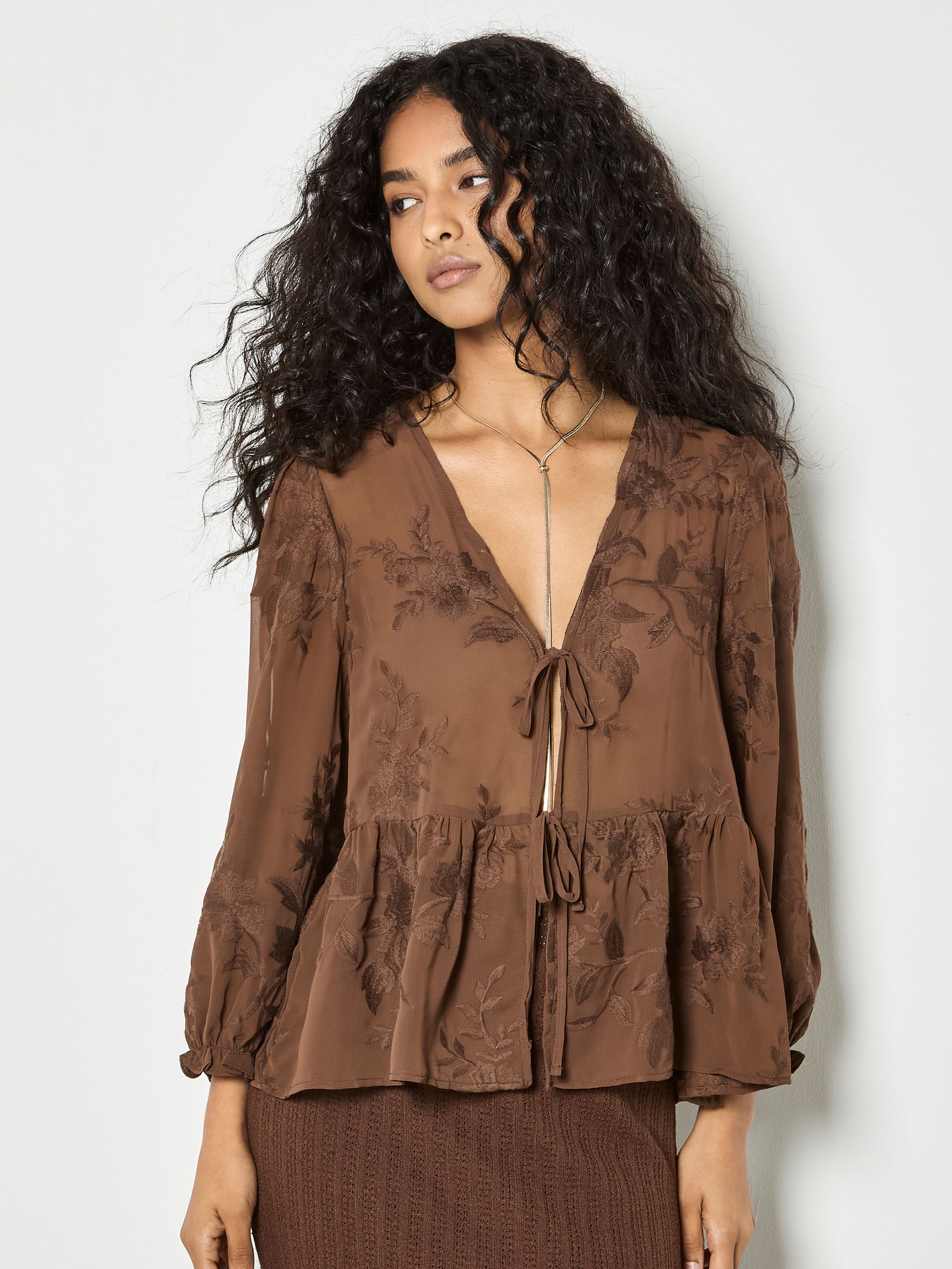 Buy Apricot Brown Embroidered Floral Chiffon Blouse from the Next