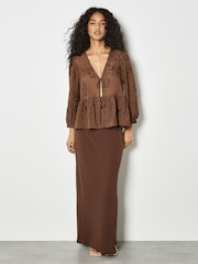 Apricot Brown Embroidered Floral Chiffon Top - Image 3 of 5