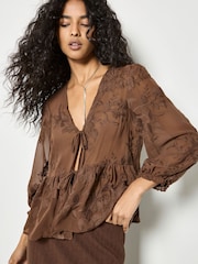 Apricot Brown Embroidered Floral Chiffon Top - Image 4 of 5