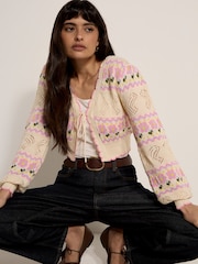 Apricot Natural Pointelle Knit Butterfly Floral Cardigan - Image 1 of 4