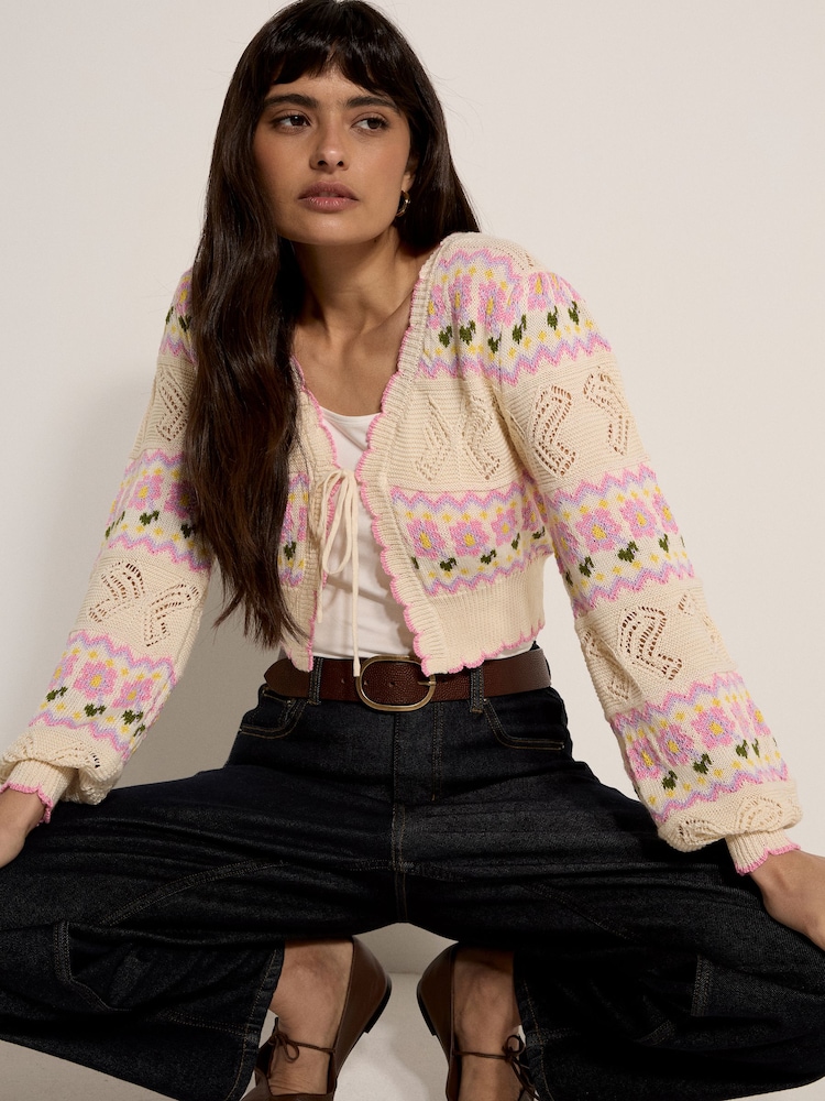 Apricot Natural Pointelle Knit Butterfly Floral Cardigan - Image 1 of 4 Apricot Natural Pointelle Knit Butterfly Floral Cardigan - Image 1 of 4