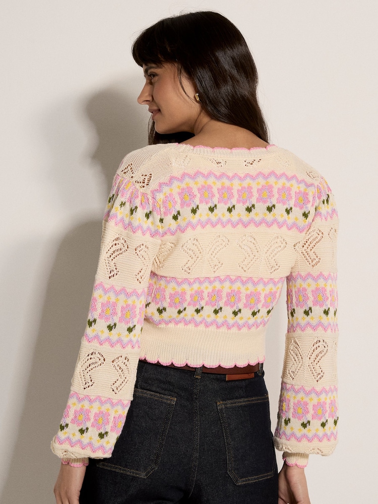 Apricot Natural Pointelle Knit Butterfly Floral Cardigan - Image 4 of 4 Apricot Natural Pointelle Knit Butterfly Floral Cardigan - Image 4 of 4