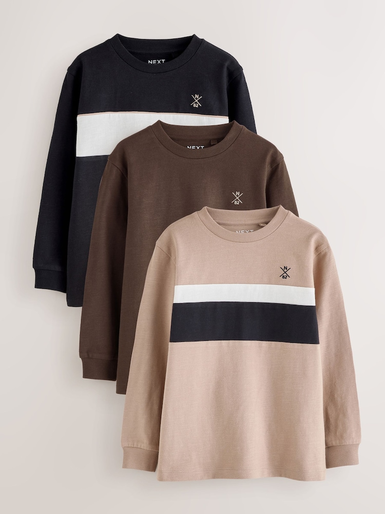 Black/Neutral Long Sleeve Colourblock T-Shirts 3 Pack (3-16yrs) - Image 1 of 7 Black/Neutral Long Sleeve Colourblock T-Shirts 3 Pack (3-16yrs) - Image 1 of 7